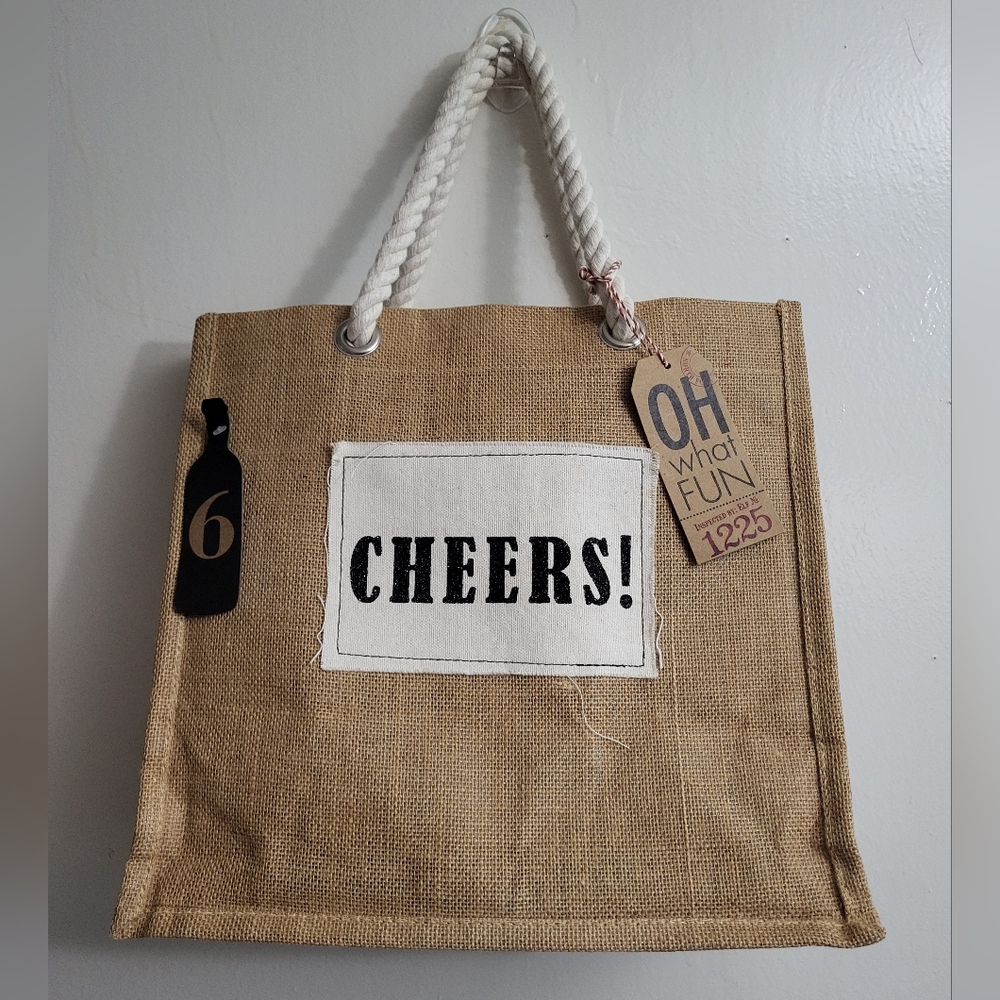 Oh What Fun Cheers Jute Six (6) Bottles Tote Bag with Rope Handles